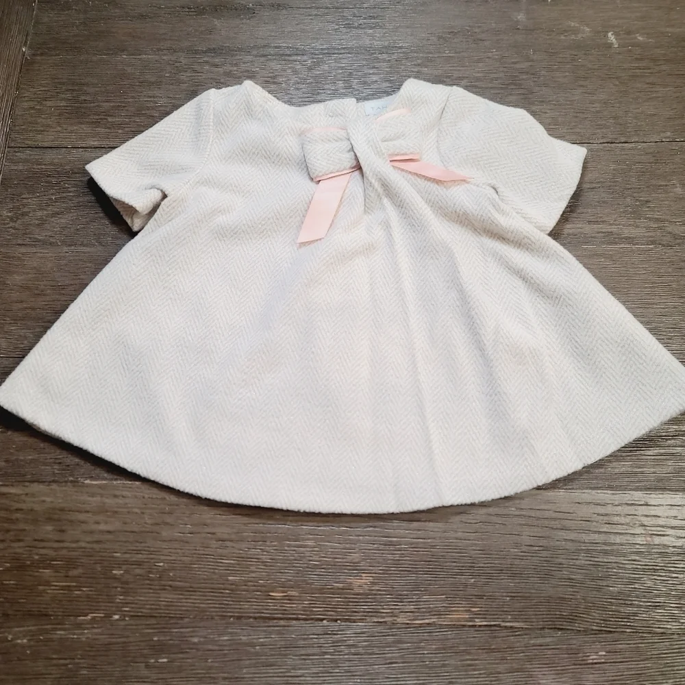 Tahari Beige Neutral Herringbone Bow Couture Baby Dress 3-6 Months